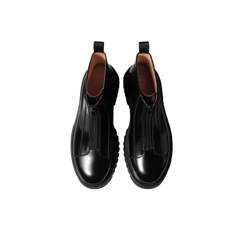 THOM WILLS Trendy Versatile Fall And Winter Zip Closure Leather Boots Ankle Boots Men's Black-2