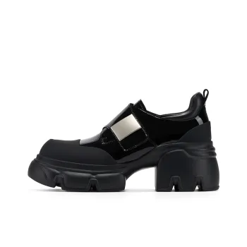 GG CC British Style Small Leather Shoes Chunky Heel Hook and Loop Fashion Loafers High Heels 7cm Women's Black
