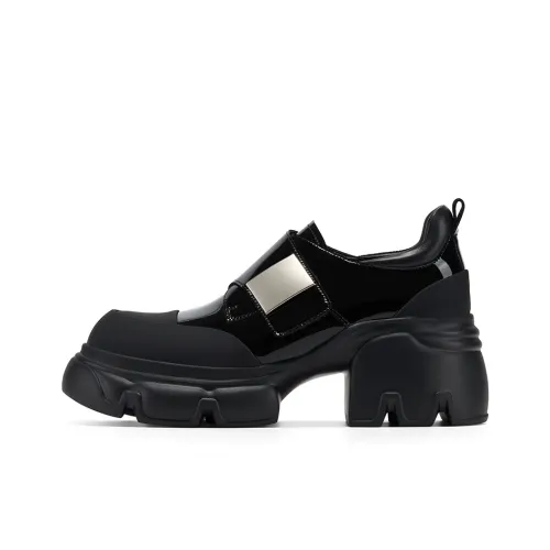 GG CC British Style Small Leather Shoes Chunky Heel Hook and Loop Fashion Loafers High Heels 7cm Women's Black