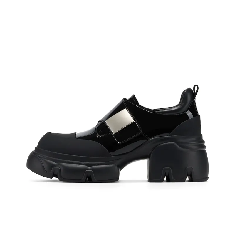 GG CC British Style Small Leather Shoes Chunky Heel Hook and Loop Fashion Loafers High Heels 7cm Women's Black-0
