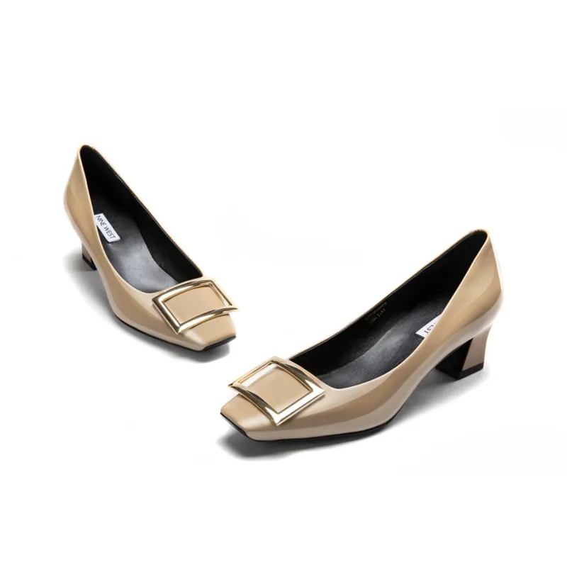 NINE WEST Chunky Heel High Heels Heel Height 5CM Women's Apricot Black Ecru-6