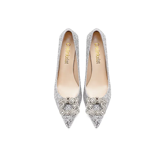 Crelinkxlat Pointed Toe Luxury Style Rhinestone Square Buckle Slim Heel High Heels Women's-12