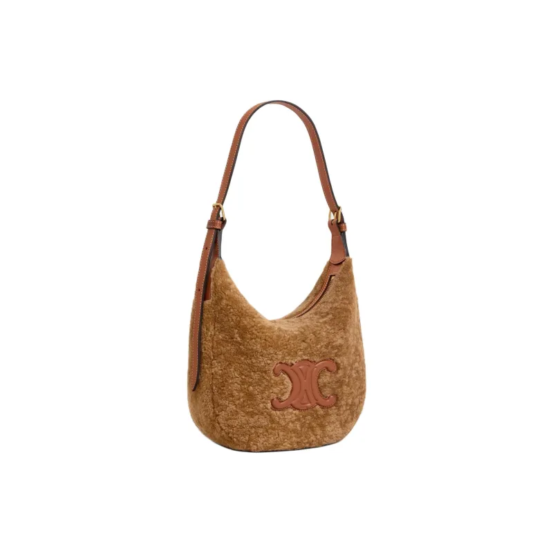 CELINE Cuir Triomphe Shearling Crossbody Bag, Shoulder Bag Small Size Women's Brown-2