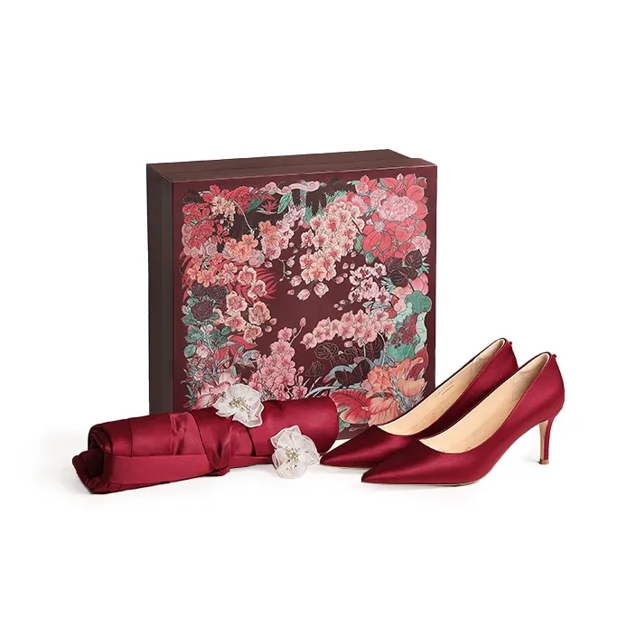 7or9 Red Velvet Cake Wedding Shoes Box Slim Heel Wedding High Heels 7cm Women's Red-0