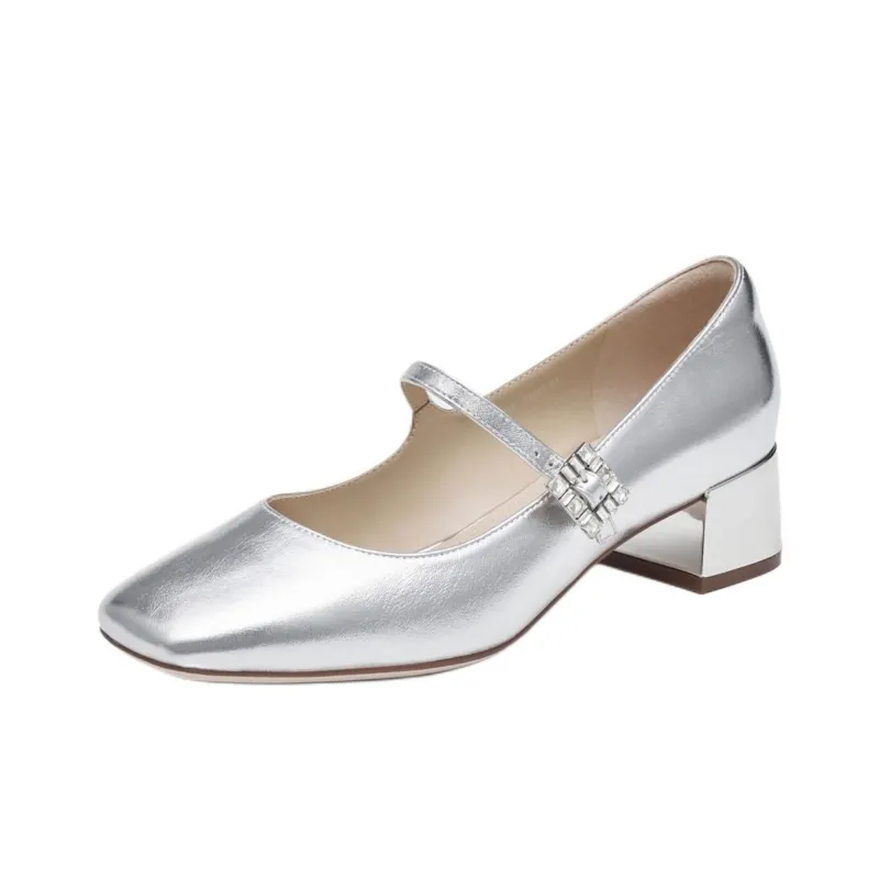 Staccato Mother Of Pearl Sugar Cube Chunky Heel Shiny High Heels 4.5cm Women's-10