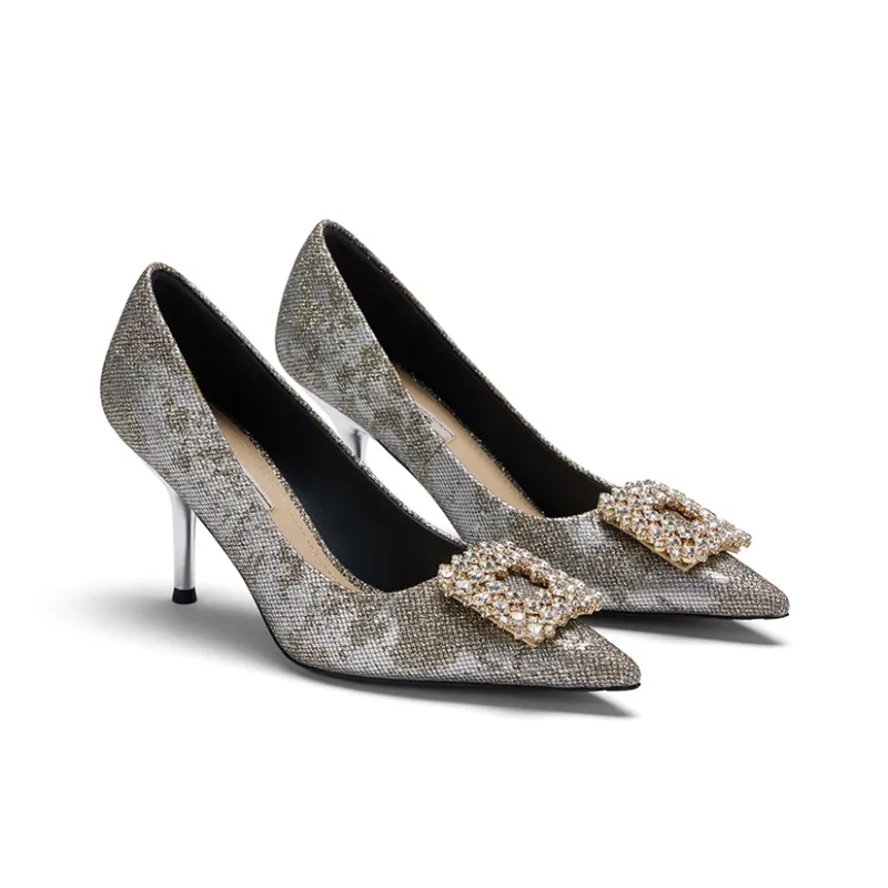 73Hours Golden Years Box Slim Heel High Heels 8cm Women's Gold Silver-3