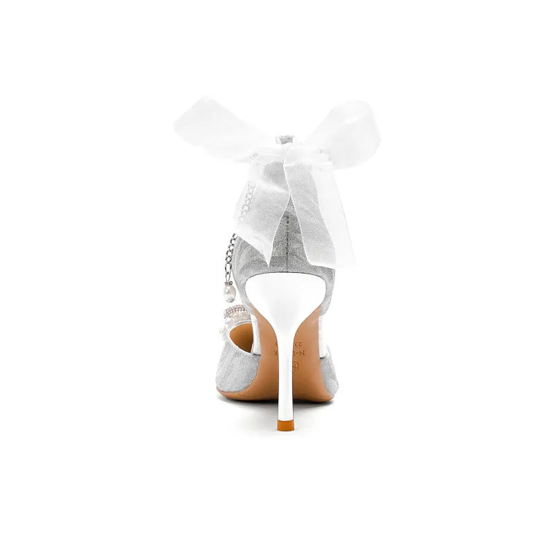 Crelinkxlat Pointed Toe Bowknot Crystal Shoes Slim Heel Box For High Heels Women's Silver-11