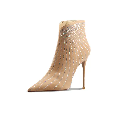 Suyymakk Ankle Boots heeled Super High Heel Women's Apricot Pointed Toe Full Diamond Short Boots heeled Slim Heel Side Zipper