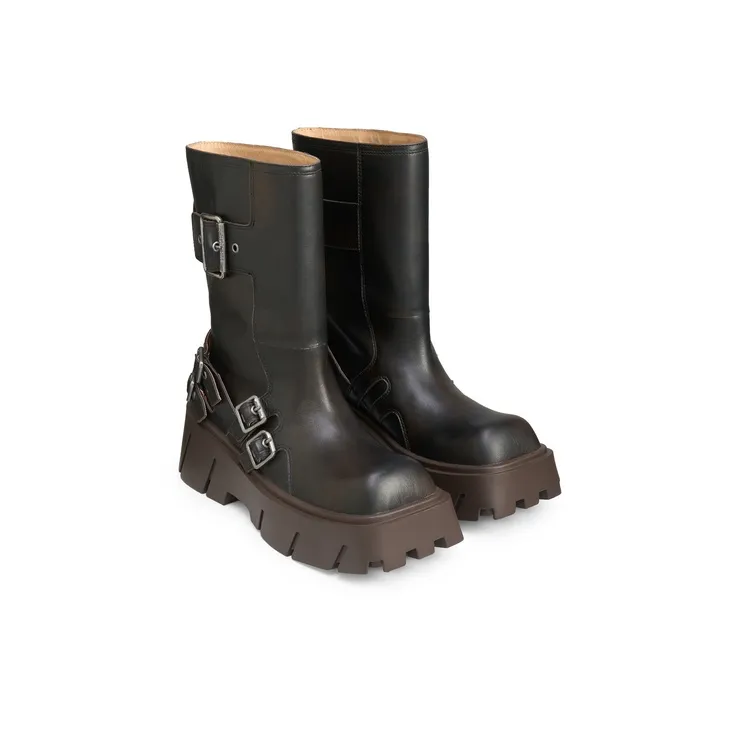 Lost In Echo Brown Square Toe Wide-Calf Platform Biker Ankle Boots Crew Boots-2