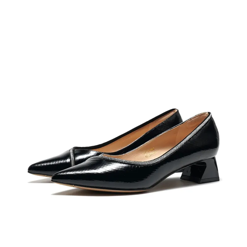 ST&SAT Chunky Heel High Heels Shallow V-Shaped Unlined Shoes 4cm Women's Black 2024 Spring And Summer New Arrival-2