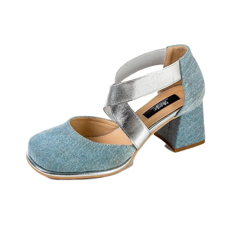 Wonderful Couple Chunky Heel High Heels 6cm Women's Denim Blue-1