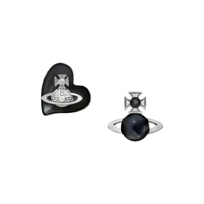 Vivienne Westwood Heart Saturn Asymmetrical Stud Earrings Women's Black/Silver-0