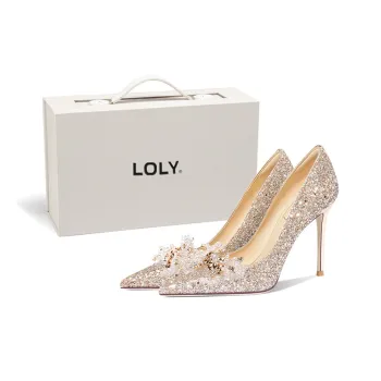 LOLY French Crystal Shoes Slim Heel High Heels Formal Shoes Women's Gold