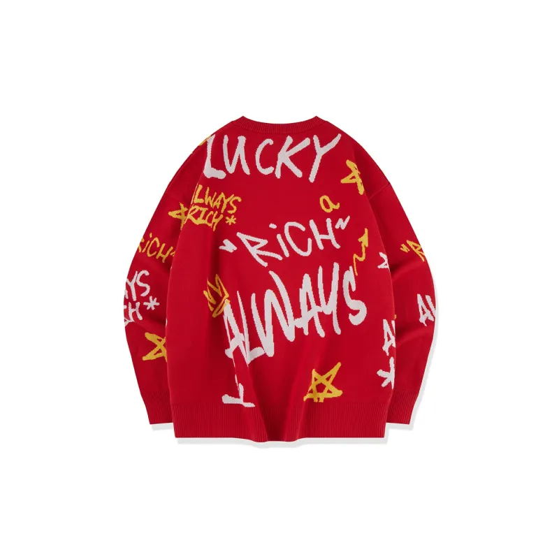 QIAODAN Get Rich Every Day Sweater Unisex Koi Fish Red Letter Jacquard-1