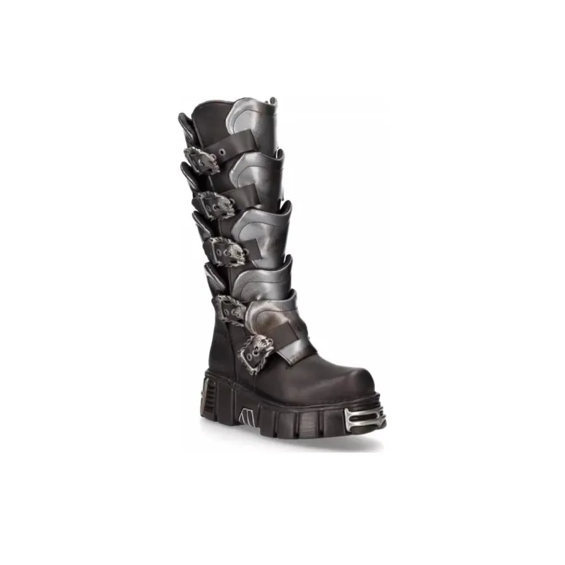 NEW ROCK Knee-high Boots 6cm Unisex Silver Black-1