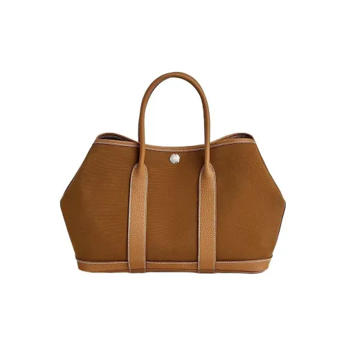 HERMES Garden Party Officier Canvas With Negonda Calfskin Garden Bag Canvas Bag Handbag Unisex Chestnut/Cyan Blue/Gold