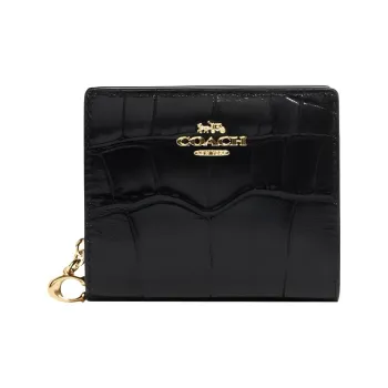 COACH Snap Wallet Crocodile Embossed Leather With Smooth Leather Card Holder, Wallet Women's Black