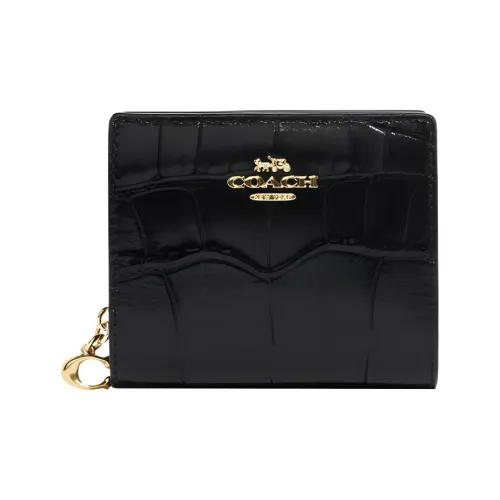 COACH Snap Wallet Crocodile Embossed Leather With Smooth Leather Card Holder, Wallet Women's Black