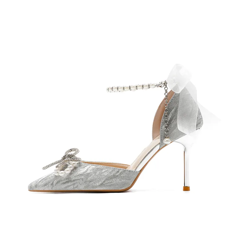 Crelinkxlat Pointed Toe Bowknot Crystal Shoes Slim Heel Box For High Heels Women's Silver-8