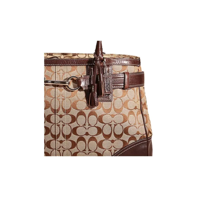 COACH Hamptons Fabric With Leather Tote Bag Shopping Bag Handbag Large Size Women's Khaki/Chestnut-1
