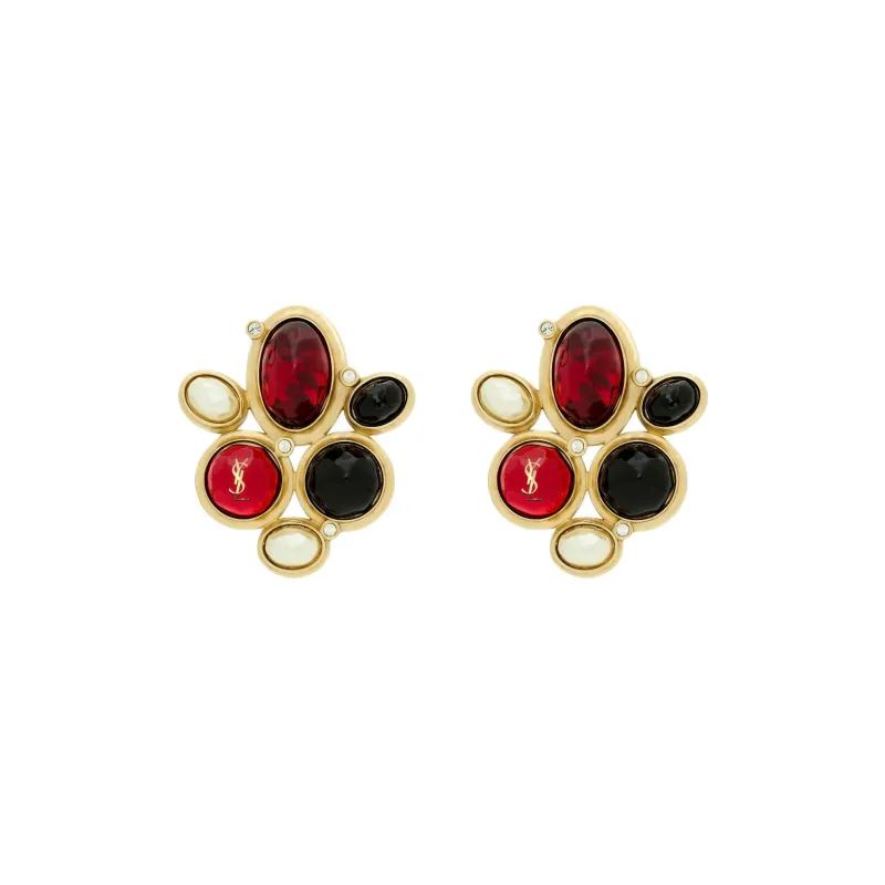 SAINT LAURENT Metal Faux Crystal Gemstone Brass Resin Earrings Women's Multicolor-0
