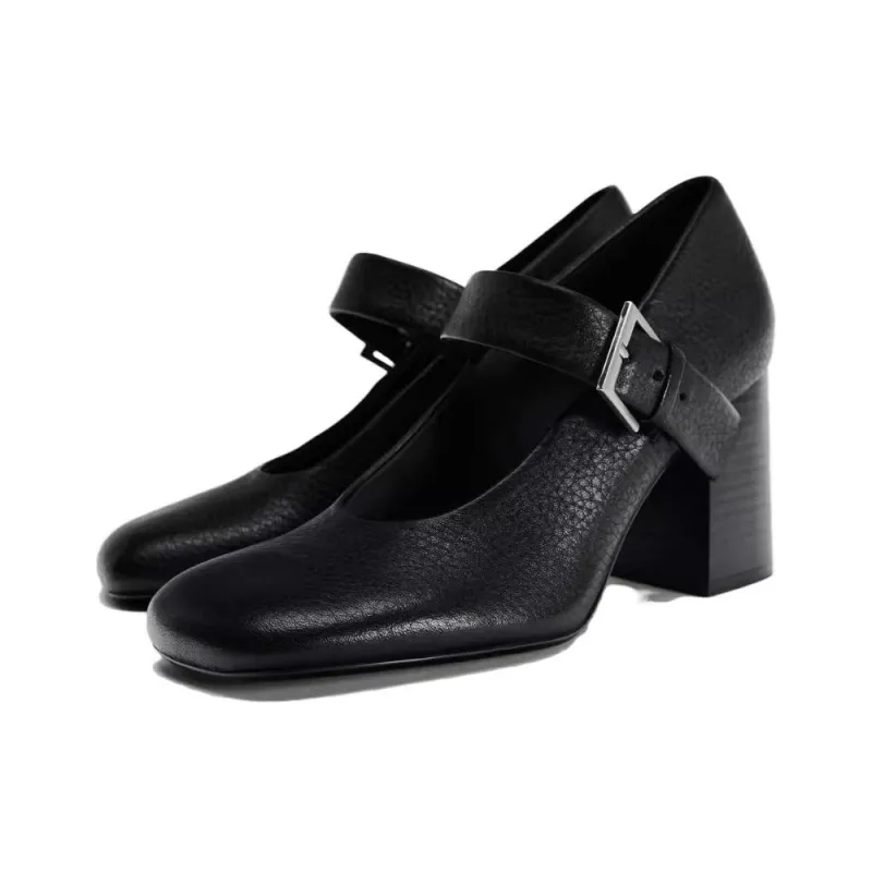 ZARA Chunky Heel High Heels 8cm Women's Black-2