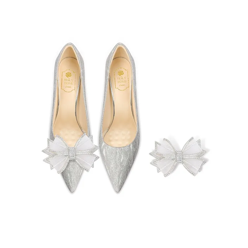 Holy Rose Pointed Toe Bowknot Wedding Shoes Slim Heel High Heels Women's Silver-1