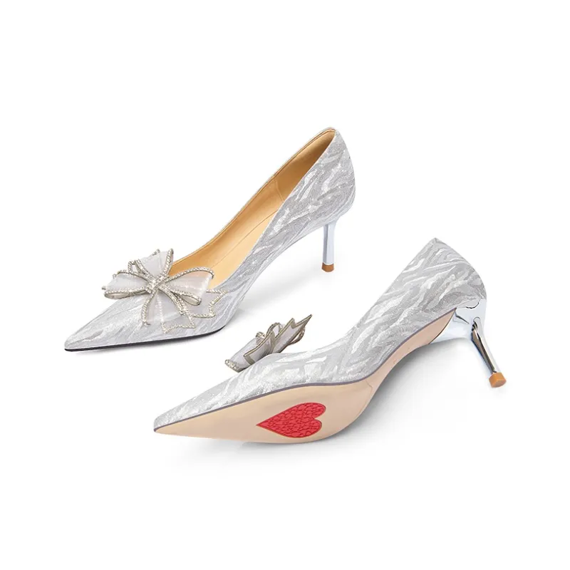 LOLY Fairy Style Bowknot Crystal Wedding Shoes Slim Heel High Heels Silver-1
