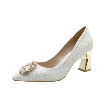 PARK DANCE Block Heel High Heels Women's Gold Thread White