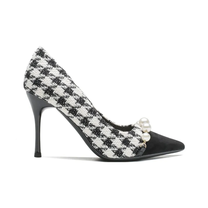 Ainer-cat Slim Heel High Heels 7cm Women's Black Patchwork-1