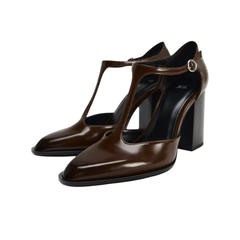 ZARA Chunky Heel High Heels 9cm Women's Brown-2