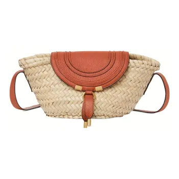 Chloe Marcie Straw Woven With Grain Calfskin Baskets Bag, Crossbody Bag, Shoulder Bag Small Size Women's