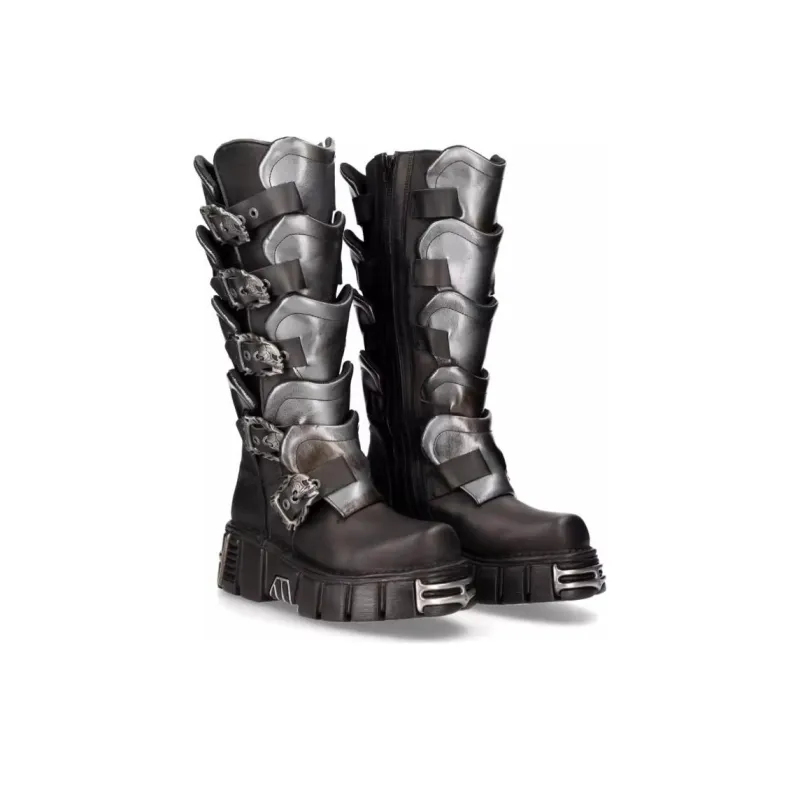 NEW ROCK Knee-high Boots 6cm Unisex Silver Black-3