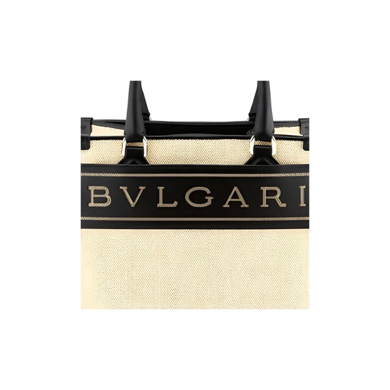 BVLGARI Bvlgari Logo Canvas Calfskin Handbag Small Size Women's Beige-4