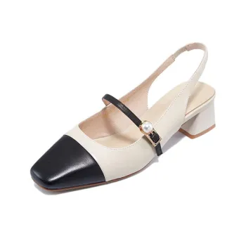 HARSON Block Heel Mary Jane Shoes 3.8cm Women's Beige Black