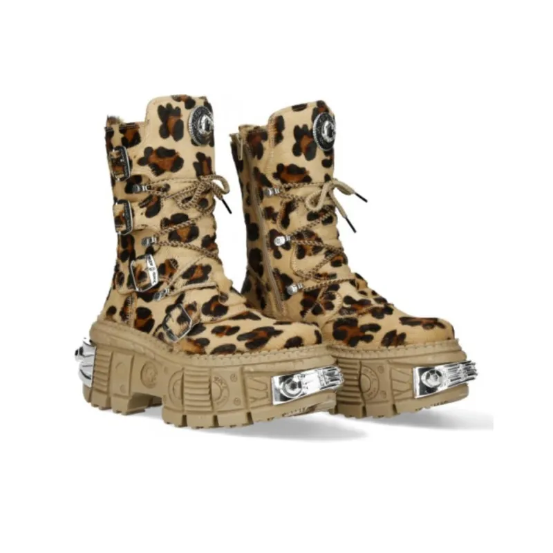 NEW ROCK Ankle Boots Unisex Brown Leopard Print-5
