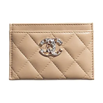 CHANEL Rhinestone-Studded Lambskin Card Holder Women's Dark Beige