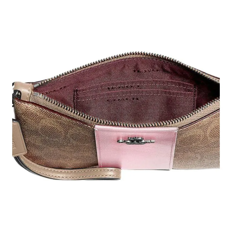 COACH Cow Leather Mahjong Box Clutch Wrist Bag Small Size Women's Khaki & Pink-3