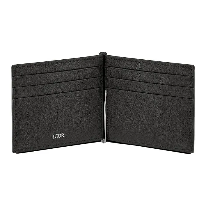 DIOR Cow Leather Cash Ticket Clip Wallet Card Holder Men's Black-2