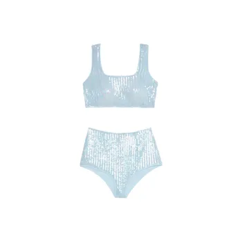Victoria's Secret Sequin Shimmer Bra Top & High Waist ShortSet/LB Pajama Set Women's Light Blue