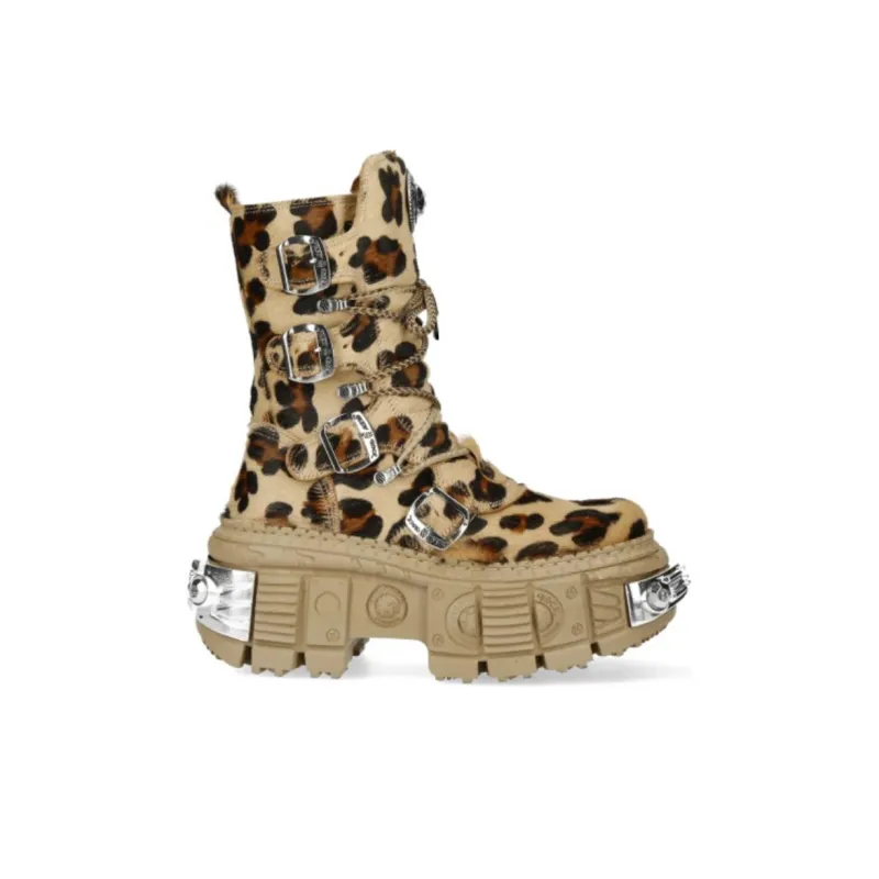 NEW ROCK Ankle Boots Unisex Brown Leopard Print-1