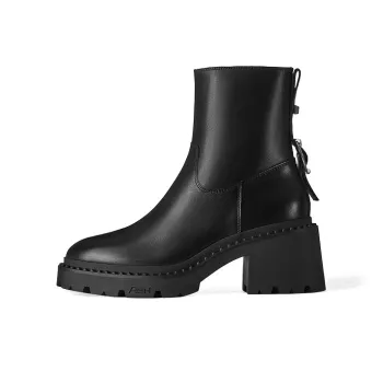 ASH NEWTON Collection Chunky Heel Side Zipper Ankle Boots Women's Black
