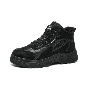 Warrior Fall And Winter Fleece-Lined Insulated Shoes Versatile Casual Athletic Shoes High-Top Work Boots Men's Black