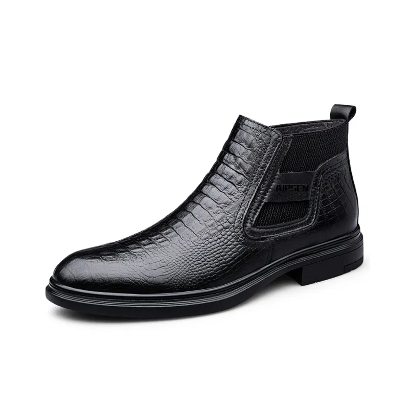 AIPSEN Short Chelsea Boots Men's Black Crocodile Pattern-1