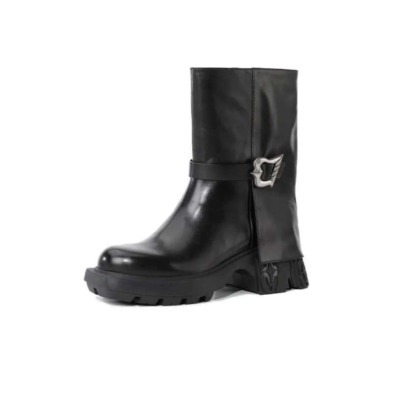 DIBO MANNER Astral Series Silver Buckle Energy Square Round Tip Ankle Boots-1