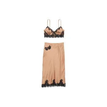 Victoria's Secret Satin Rose Lace Trim Bralette & MidiSkirtSet/VT Pajama Set Women's Vintage Brown