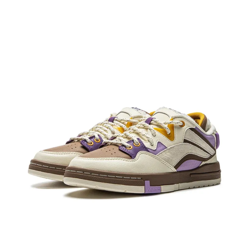 LiNing Wave Pro Anti Slip Wear Resistant Low Top Skateboard Shoes Women's White brown purple-2