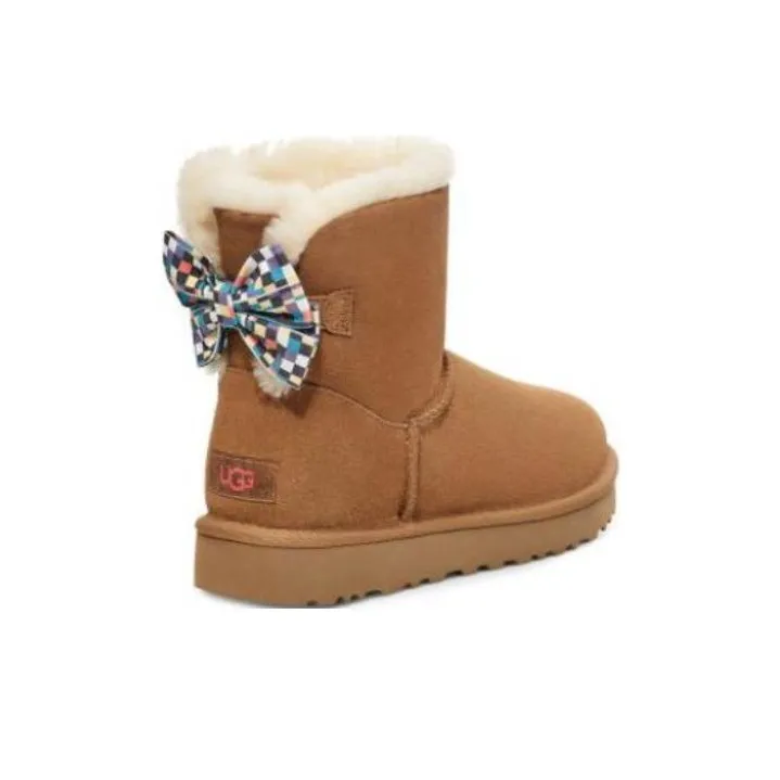 UGG Checkered Bow Short Snow Boots 'Brown' Women's-4