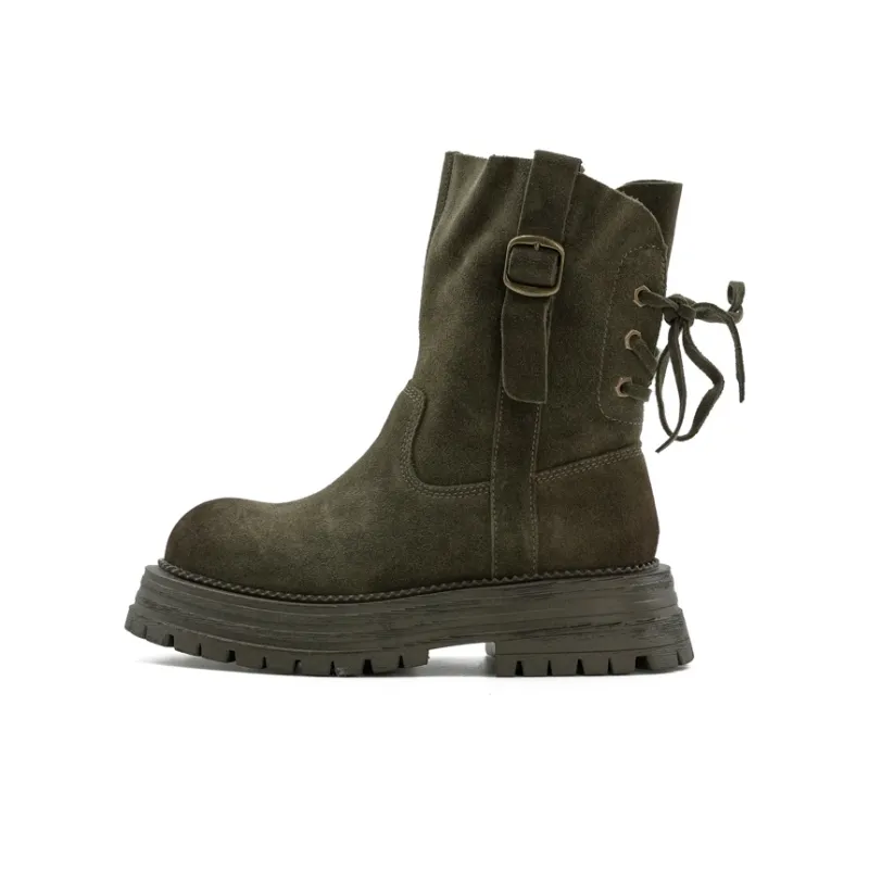 Little Sue Trendy Versatile Back Lace-Up Maillard Style Platform Martin Boots Ankle Boots Women's-6
