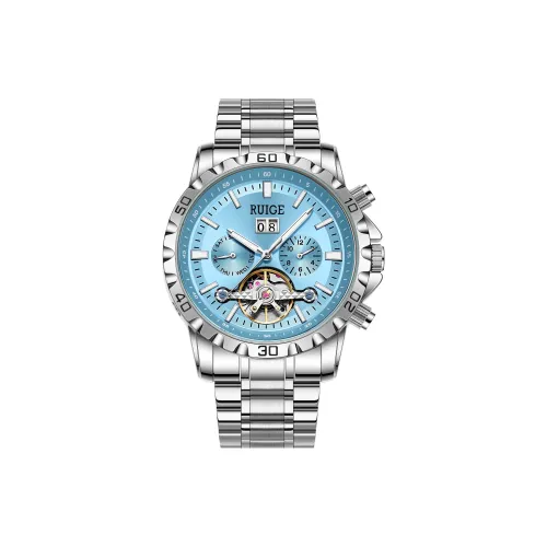 RUIGE Mechanical Movement Stainless Steel Watchband Men's Watches Blue Dial